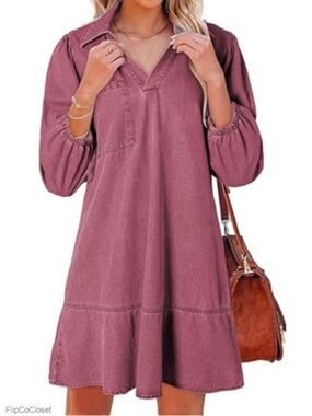 Mauve V-Neck Long Sleeve Ruffle Hem Dress
